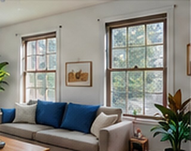 Living room with blue sofa and plants